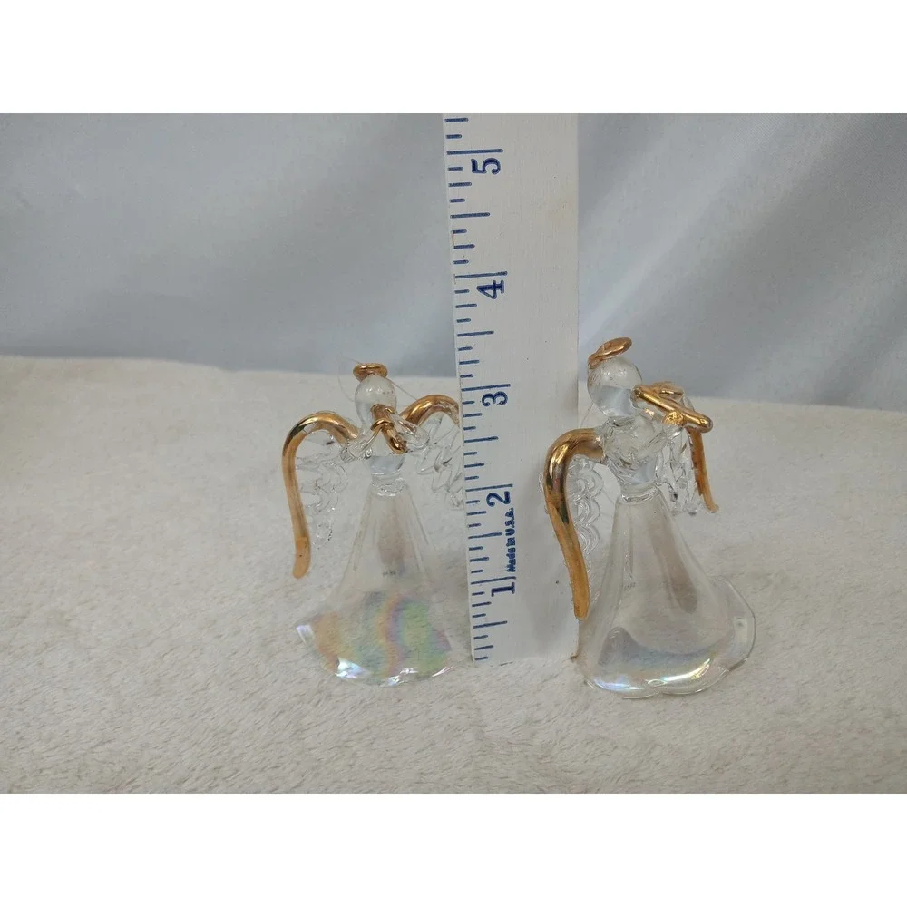 Lot of 2 Avon Glass Angel Ornaments Vintage Gold Trim Iridescent Christmas w/ Bo